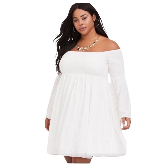 torrid Dresses & Skirts - Torrid NWT ivory off the shoulder smocked long bell sleeve skater mini dress